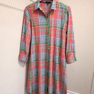 J. Crew Coral, Green & Blue Plaid Long-Sleeve Shirt Dress